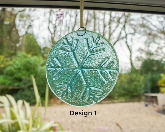 Snowflake Suncatcher 12cm(5") Turquoise and/or Clear Design 1 | Snowflake Winter Christmas Glass Hanging Window Decor | Fused Glass Round