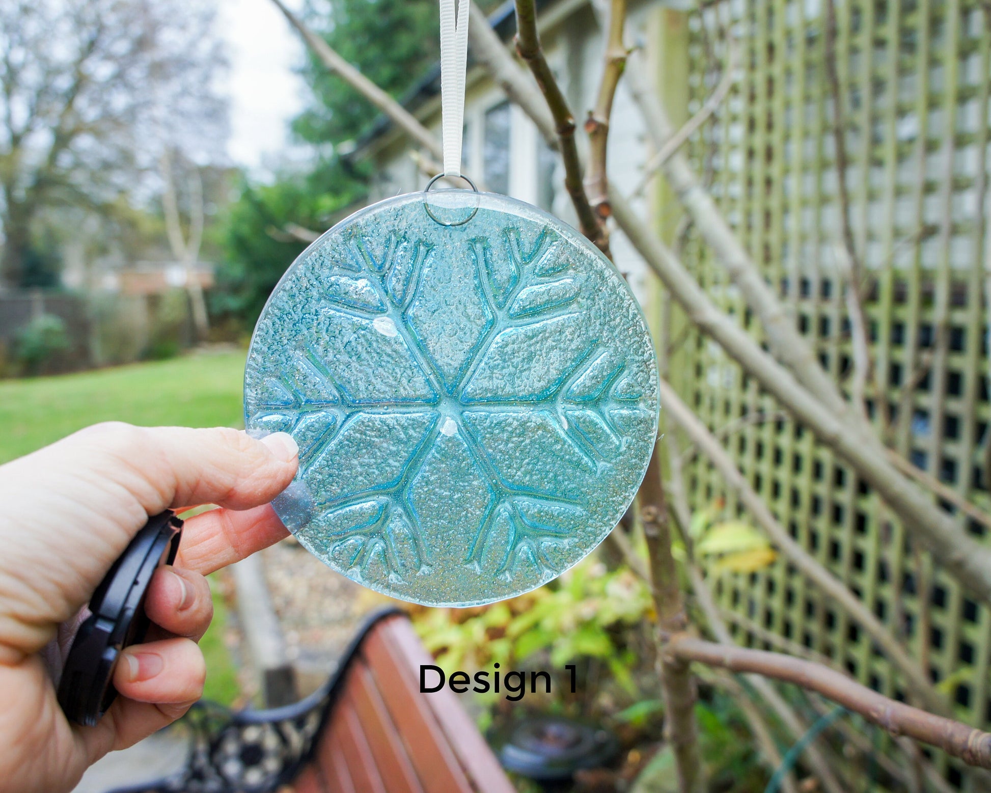 Snowflake Suncatcher 12cm(5") Turquoise and/or Clear Design 1 | Snowflake Winter Christmas Glass Hanging Window Decor | Fused Glass Round