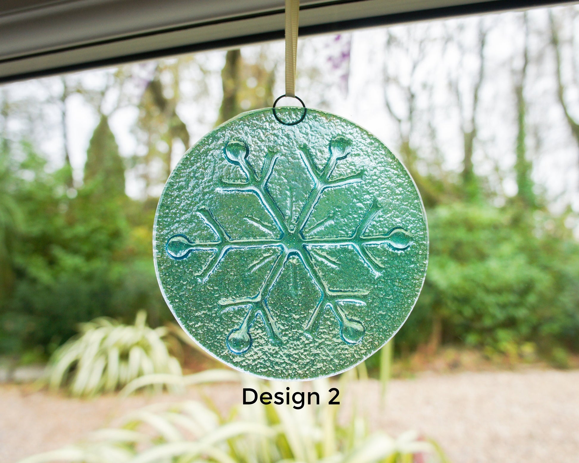 Snowflake Suncatcher 12cm(5") Turquoise and/or Clear Design 2 | Snowflake Winter Christmas Glass Hanging Window Decor | Fused Glass Round