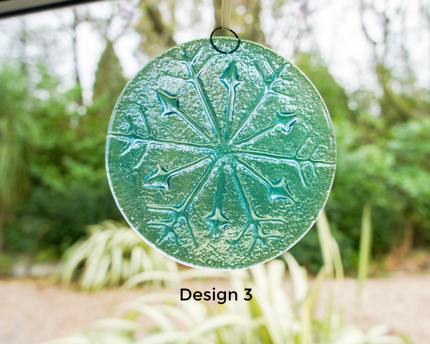 Snowflake Suncatcher 12cm(5") Turquoise and/or Clear Design 3 | Snowflake Winter Christmas Glass Hanging Window Decor | Fused Glass Round
