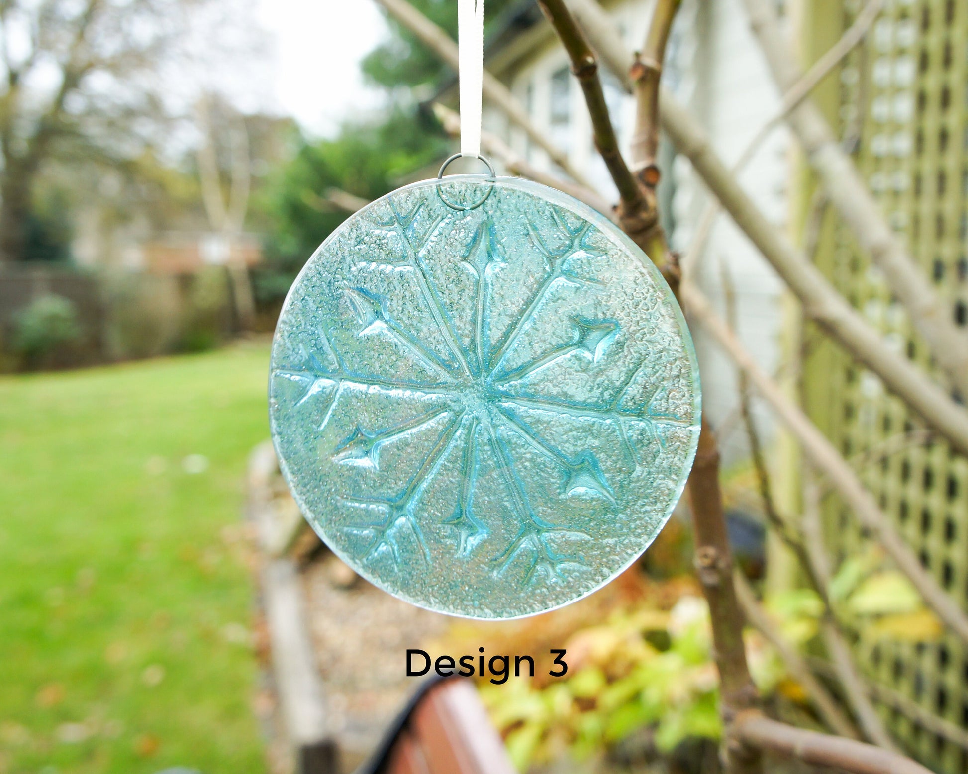 Snowflake Suncatcher 12cm(5") Turquoise and/or Clear Design 3 | Snowflake Winter Christmas Glass Hanging Window Decor | Fused Glass Round