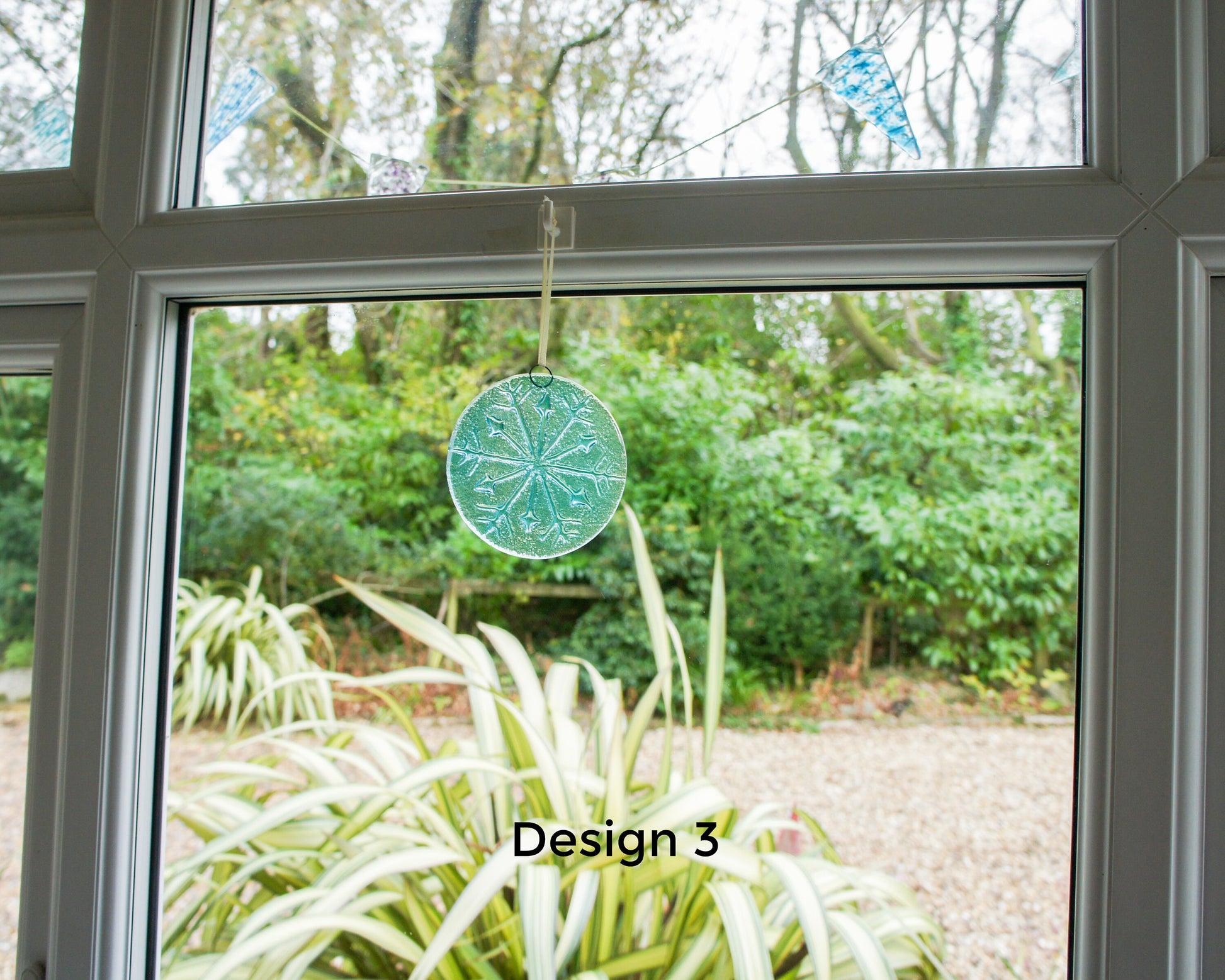 Snowflake Suncatcher 12cm(5") Turquoise and/or Clear Design 3 | Snowflake Winter Christmas Glass Hanging Window Decor | Fused Glass Round