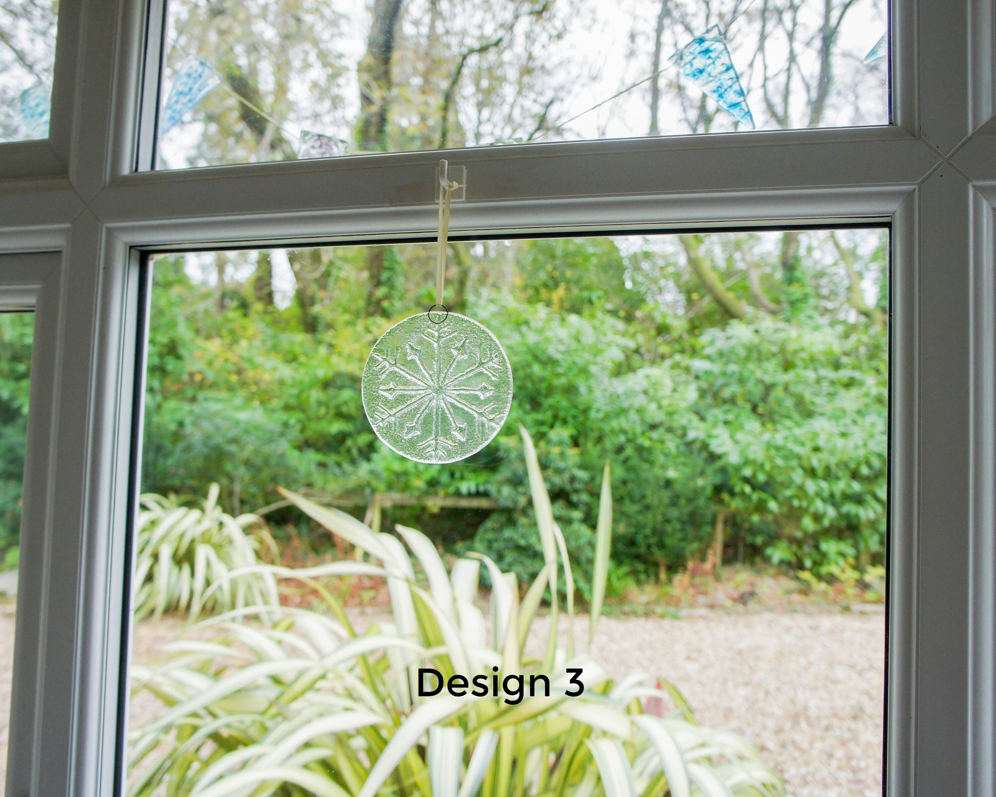 Snowflake Suncatcher 12cm(5") Turquoise and/or Clear Design 3 | Snowflake Winter Christmas Glass Hanging Window Decor | Fused Glass Round