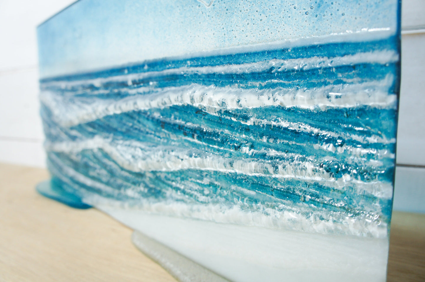 Wave Glass Art 40x20cm(16x8") Suncatcher, Turquoise Blue Wave Panel Freestanding D2, Fused Glass Sea Art, Coastal Scene, Glass Art Sculpture