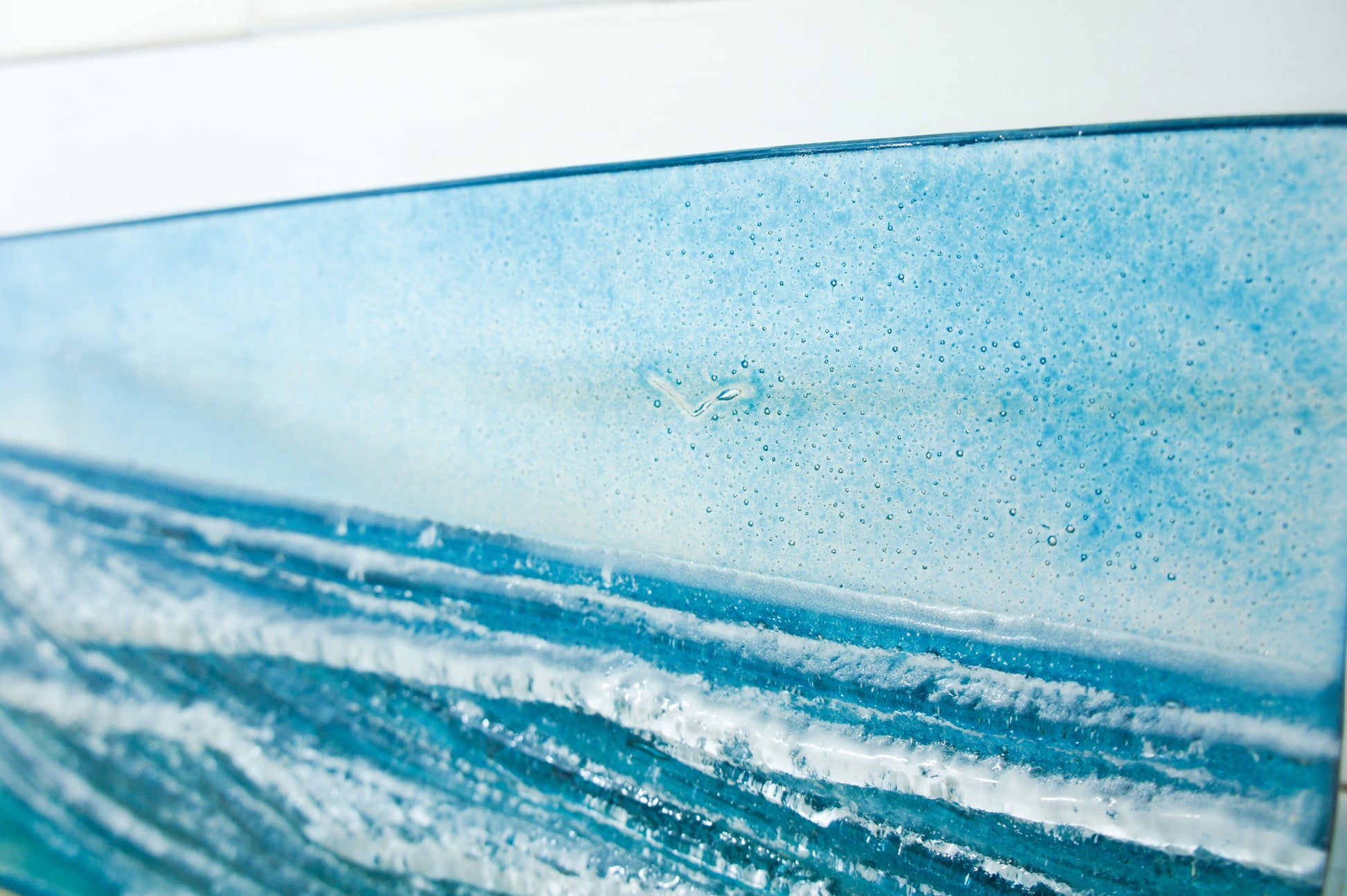 Wave Glass Art 40x20cm(16x8") Suncatcher, Turquoise Blue Wave Panel Freestanding D2, Fused Glass Sea Art, Coastal Scene, Glass Art Sculpture