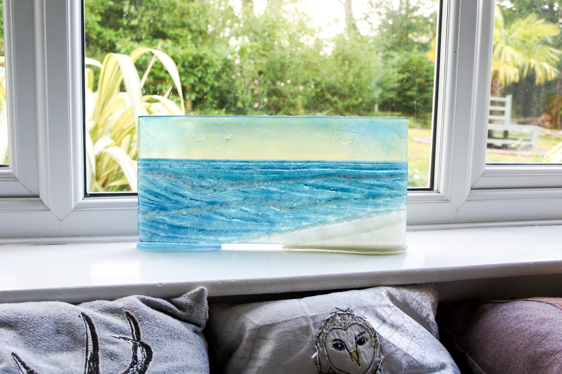 Wave Glass Art 40x20cm(16x8") Suncatcher, Turquoise Blue Wave Panel Freestanding D2, Fused Glass Sea Art, Coastal Scene, Glass Art Sculpture