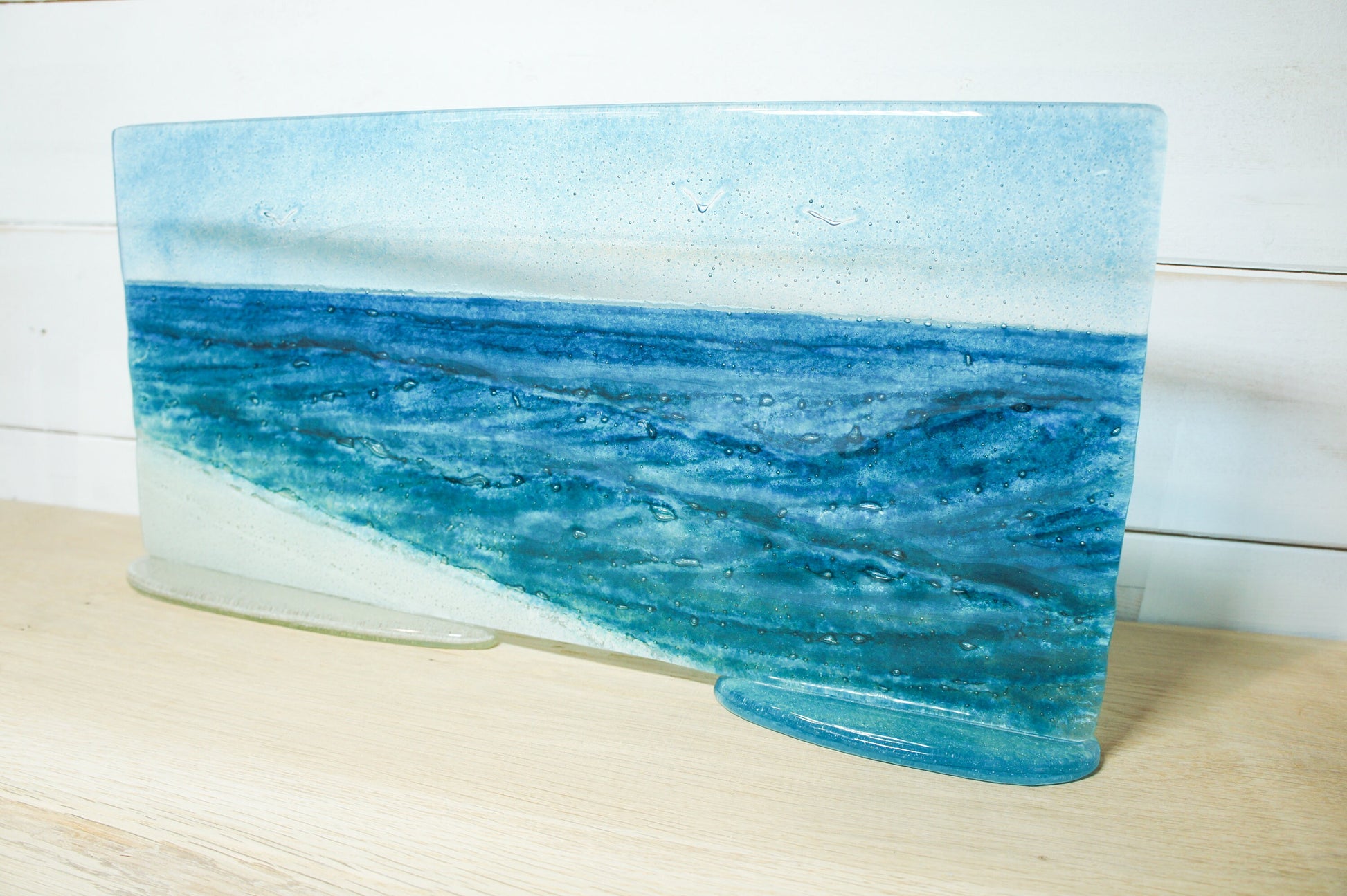 Wave Glass Art 40x20cm(16x8") Suncatcher, Turquoise Blue Wave Panel Freestanding D2, Fused Glass Sea Art, Coastal Scene, Glass Art Sculpture