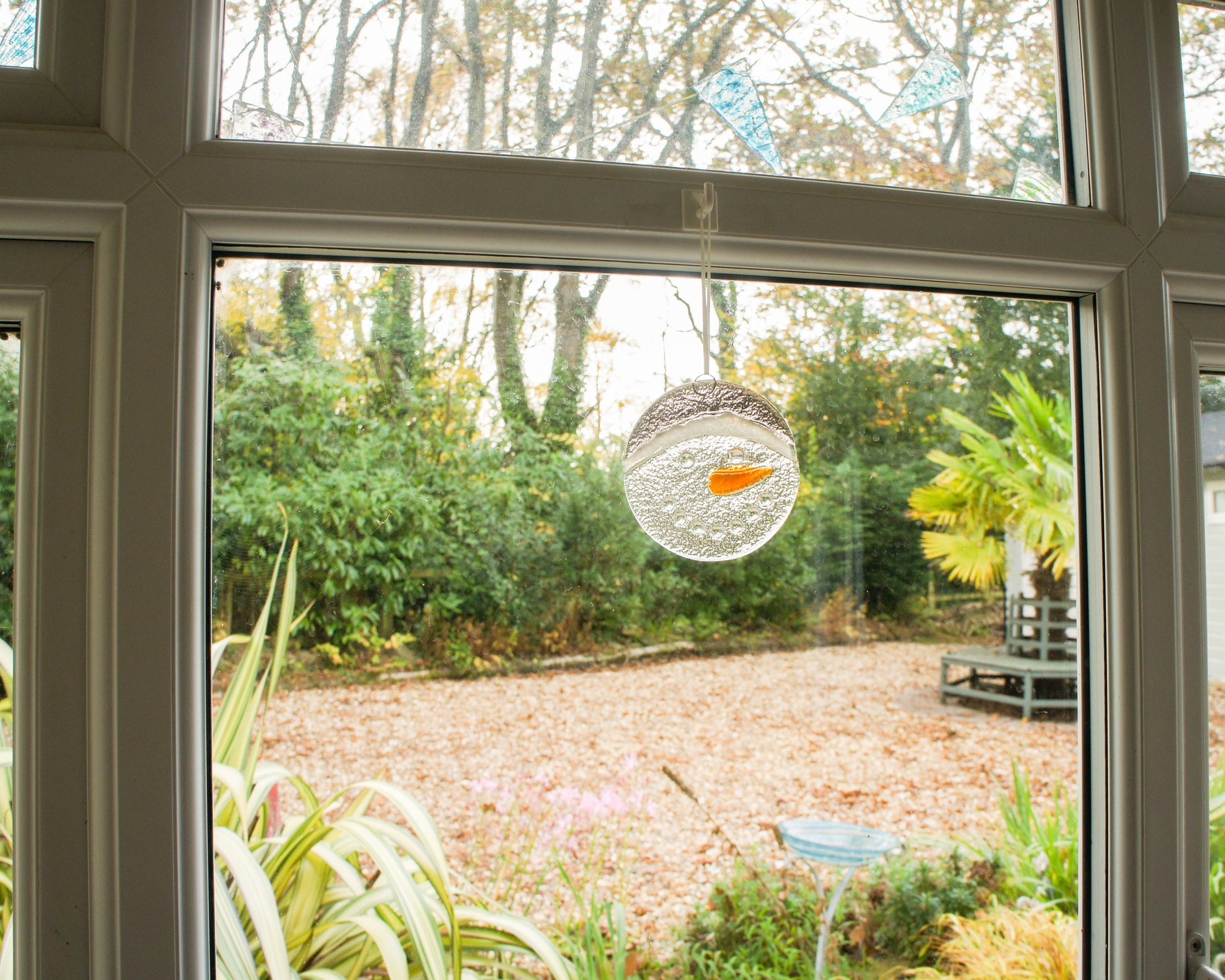 Snowman Suncatcher 12cm(5") grey hat | Christmas Glass Hanging Window Decoration | Fused Glass Suncatcher snowman hanging