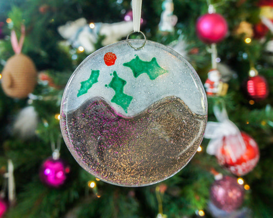 Christmas Pudding fused glass hanging decoration