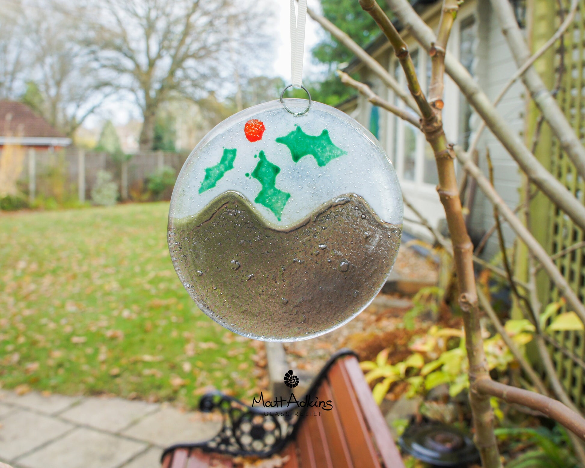 Christmas Pudding fused glass hanging decoration