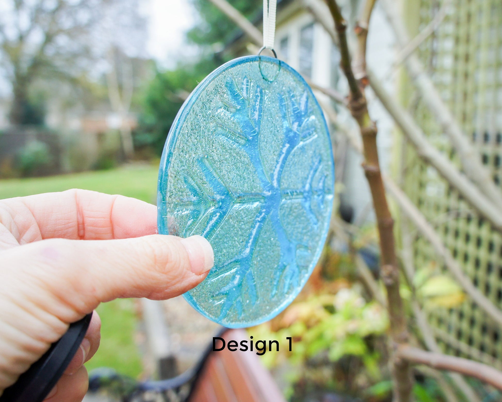 Snowflake Suncatcher 12cm(5") Turquoise and/or Clear Design 1 | Snowflake Winter Christmas Glass Hanging Window Decor | Fused Glass Round