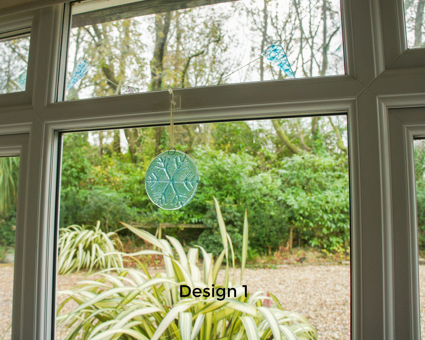 Snowflake Suncatcher 12cm(5") Turquoise and/or Clear Design 1 | Snowflake Winter Christmas Glass Hanging Window Decor | Fused Glass Round