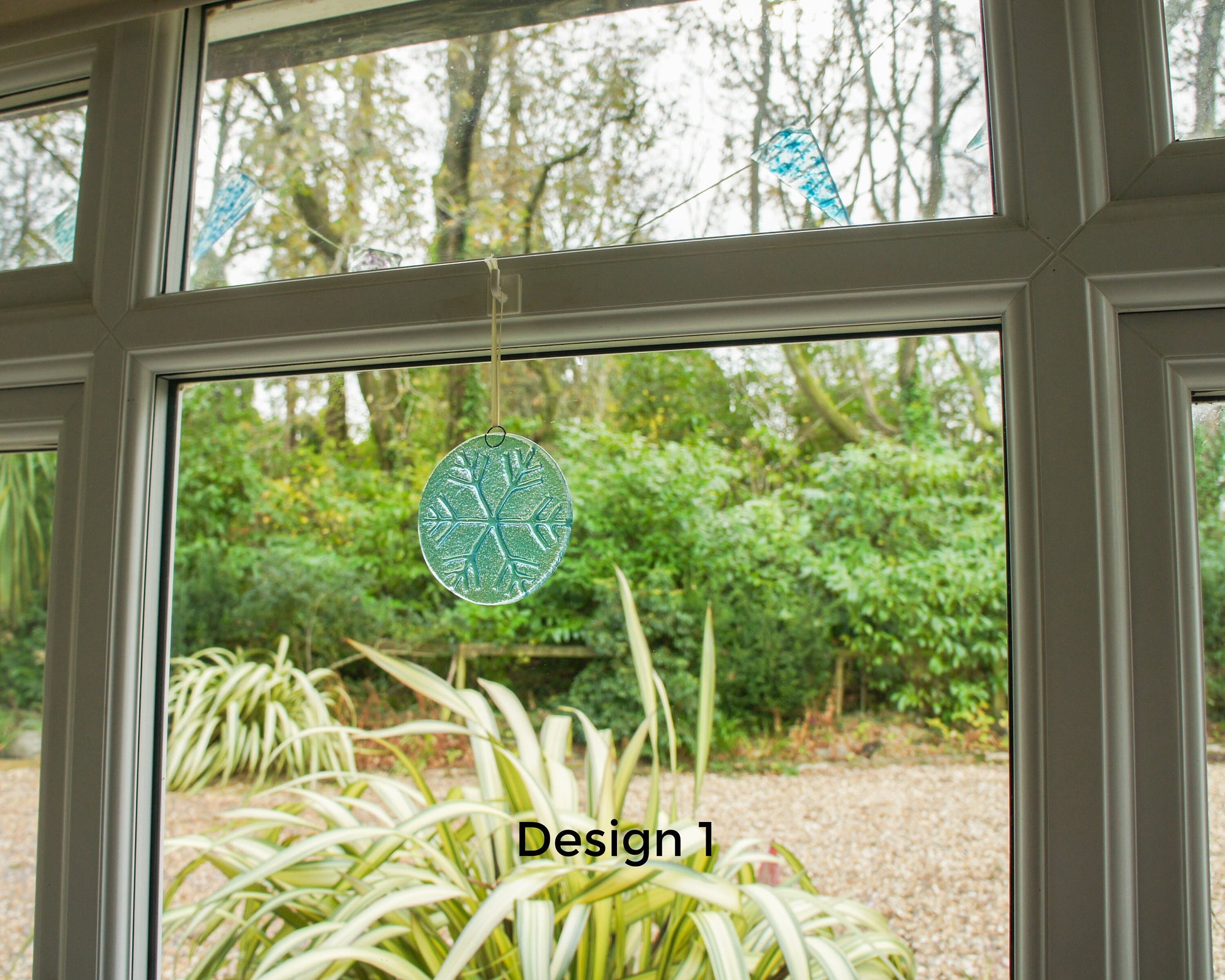 Snowflake Suncatcher 12cm(5") Turquoise and/or Clear Design 1 | Snowflake Winter Christmas Glass Hanging Window Decor | Fused Glass Round