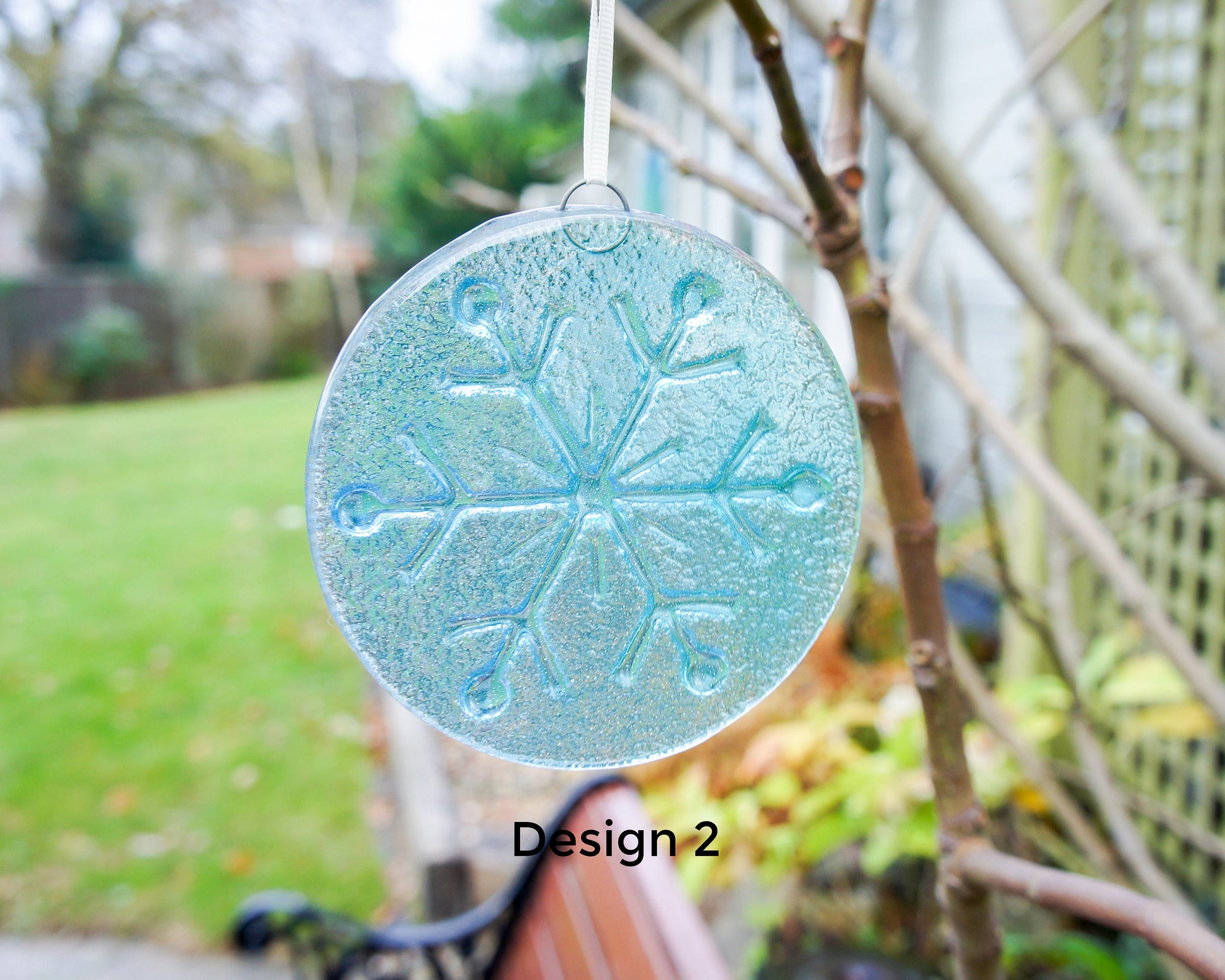 Snowflake Suncatcher 12cm(5") Turquoise and/or Clear Design 2 | Snowflake Winter Christmas Glass Hanging Window Decor | Fused Glass Round
