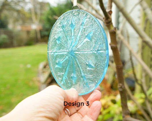 Snowflake Suncatcher 12cm(5") Turquoise and/or Clear Design 3 | Snowflake Winter Christmas Glass Hanging Window Decor | Fused Glass Round