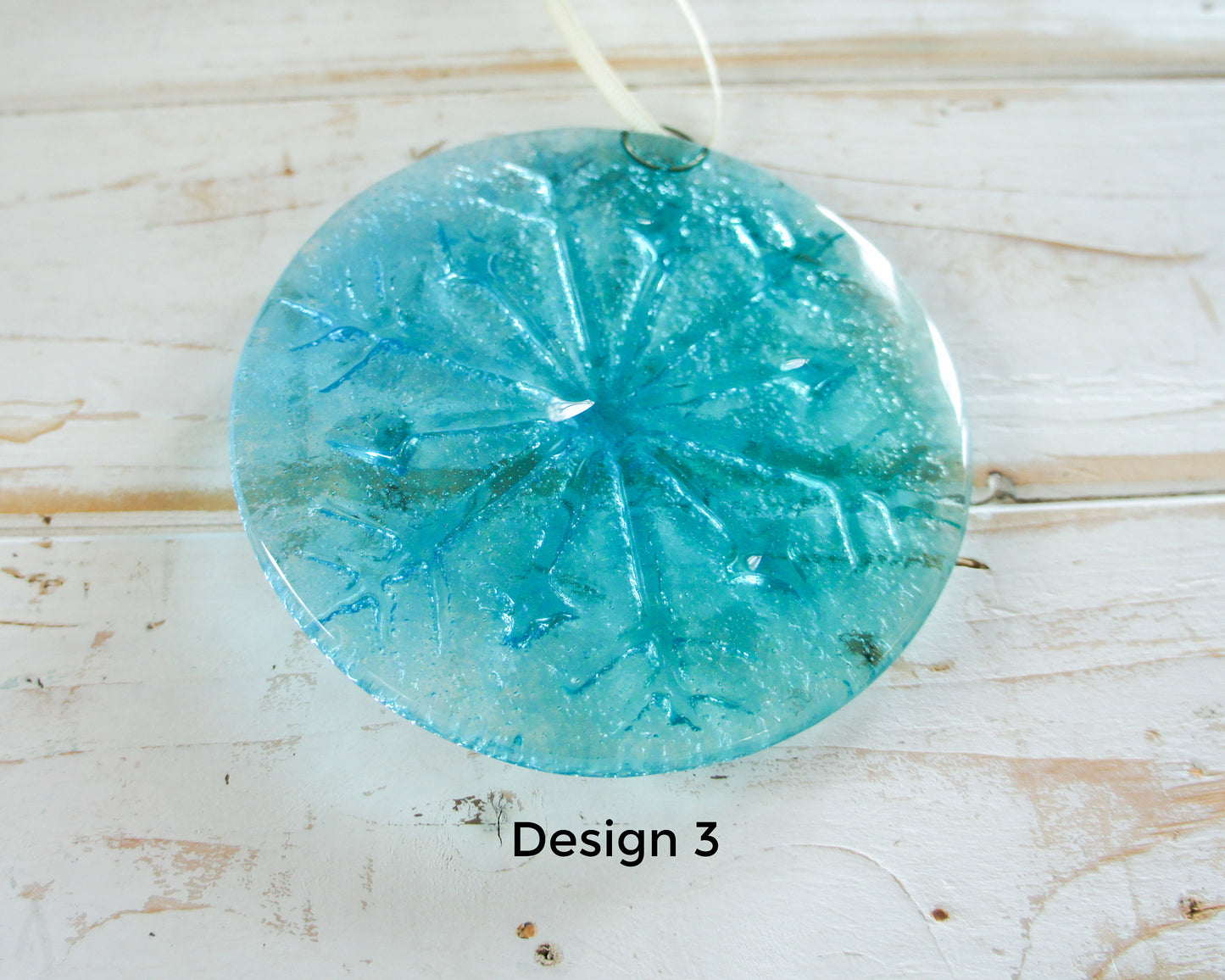 Snowflake Suncatcher 12cm(5") Turquoise and/or Clear Design 3 | Snowflake Winter Christmas Glass Hanging Window Decor | Fused Glass Round