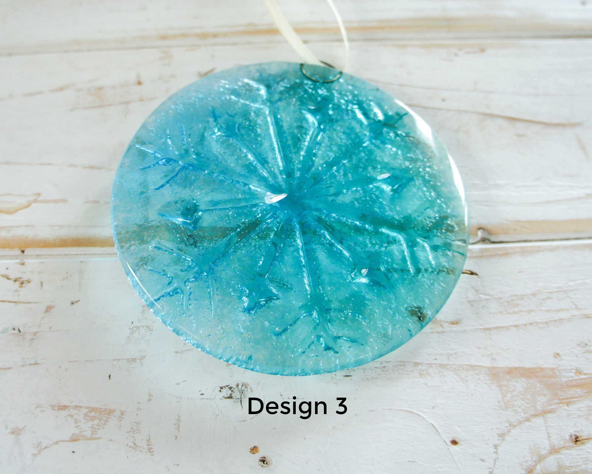 Snowflake Suncatcher 12cm(5") Turquoise and/or Clear Design 3 | Snowflake Winter Christmas Glass Hanging Window Decor | Fused Glass Round