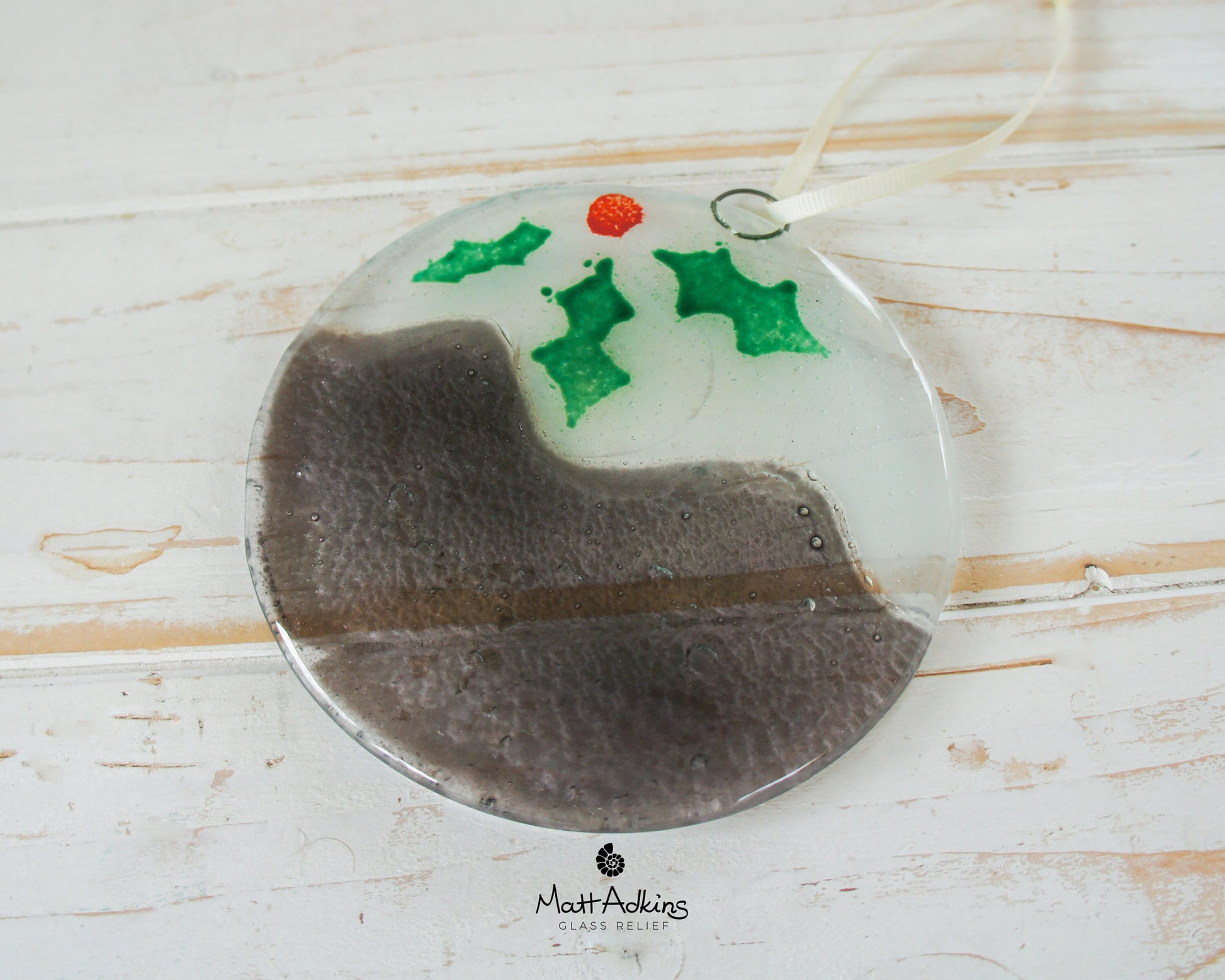Christmas Pudding fused glass hanging decoration