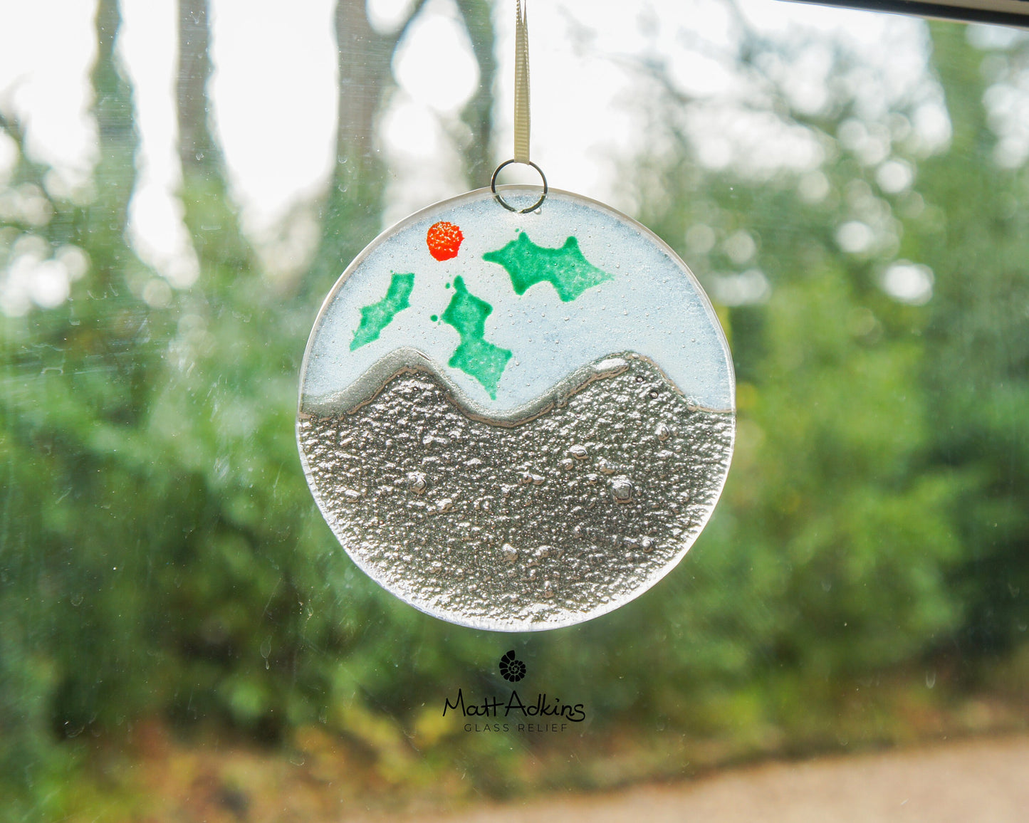 Christmas Pudding fused glass hanging decoration
