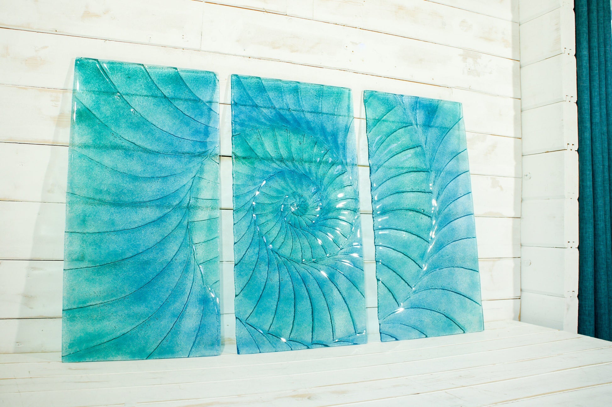 Triptych Ammonnite Panels OVERALL 100x60cm (40x23") Blue/Turquoise, Each Panel 30x60cm (12x23") Large Portrait Fossil Fused Glass Wall Art