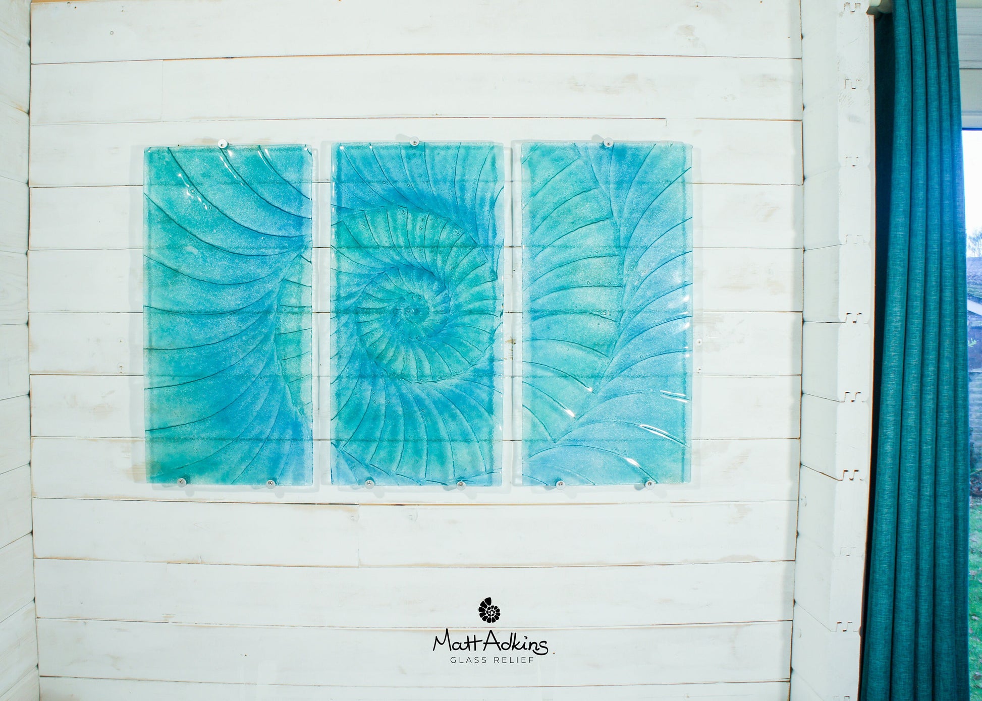 Triptych Ammonnite Panels OVERALL 100x60cm (40x23") Blue/Turquoise, Each Panel 30x60cm (12x23") Large Portrait Fossil Fused Glass Wall Art