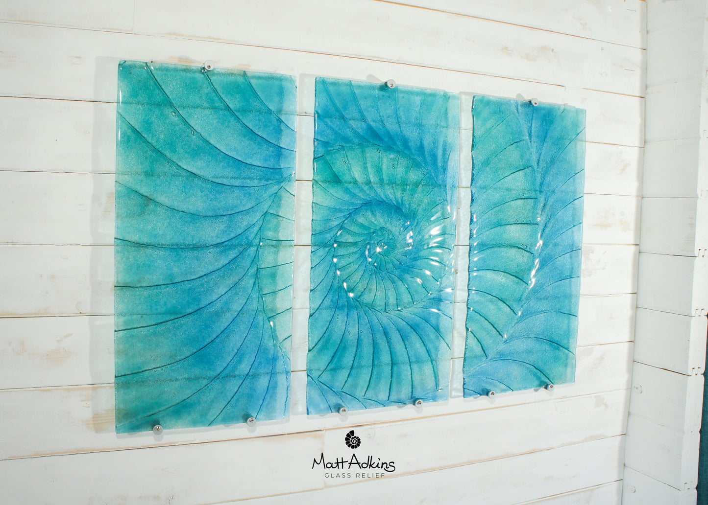 Triptych Ammonnite Panels OVERALL 100x60cm (40x23") Blue/Turquoise, Each Panel 30x60cm (12x23") Large Portrait Fossil Fused Glass Wall Art