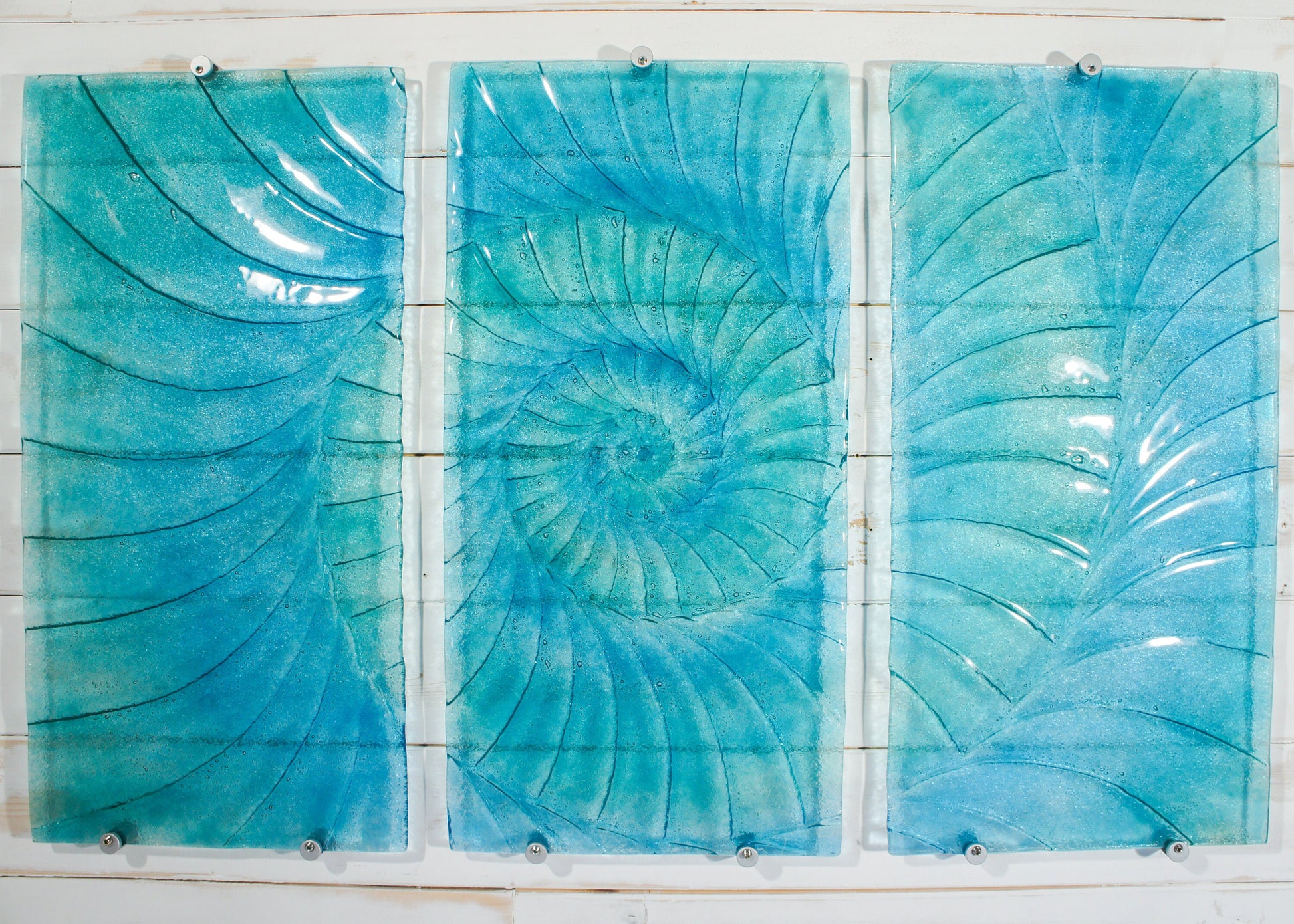 Triptych Ammonnite Panels OVERALL 100x60cm (40x23") Blue/Turquoise, Each Panel 30x60cm (12x23") Large Portrait Fossil Fused Glass Wall Art