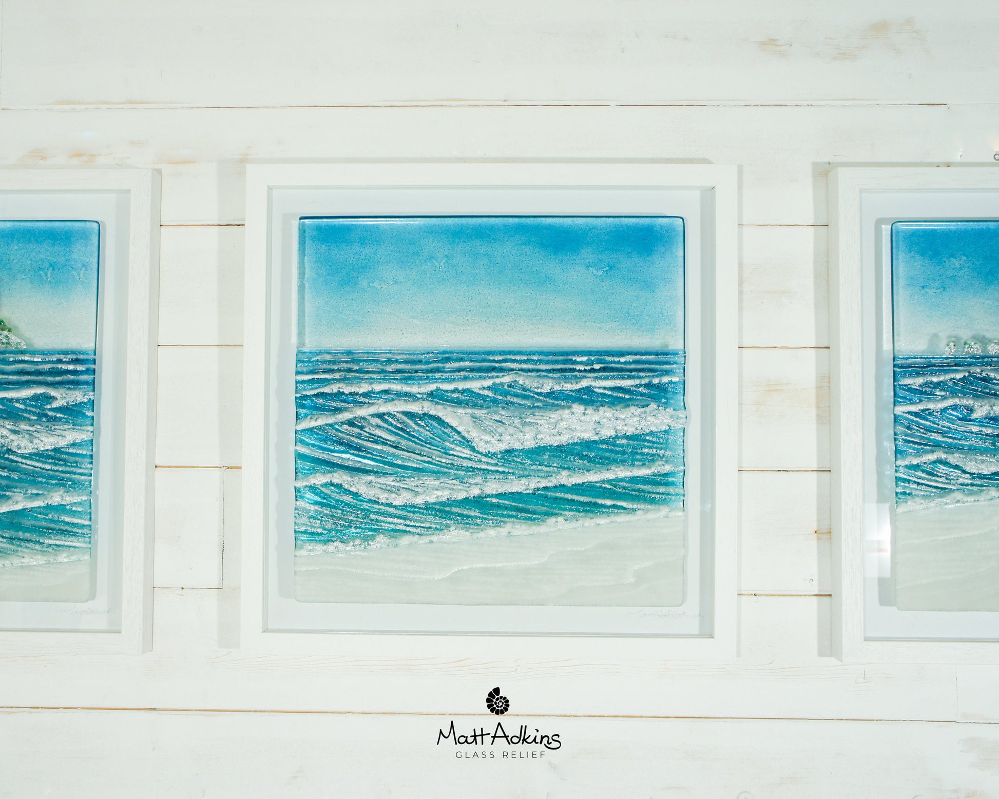 Triptych Wave Frames including 2 at 25cmx45cm(10x17") + 1 at 45x45cm(17x17") | 3 Wave Large Sea Beach Lighthouse Fused Glass Frames