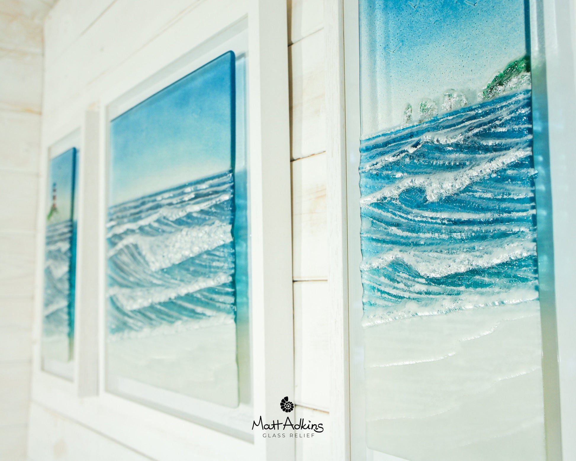 Triptych Wave Frames including 2 at 25cmx45cm(10x17") + 1 at 45x45cm(17x17") | 3 Wave Large Sea Beach Lighthouse Fused Glass Frames