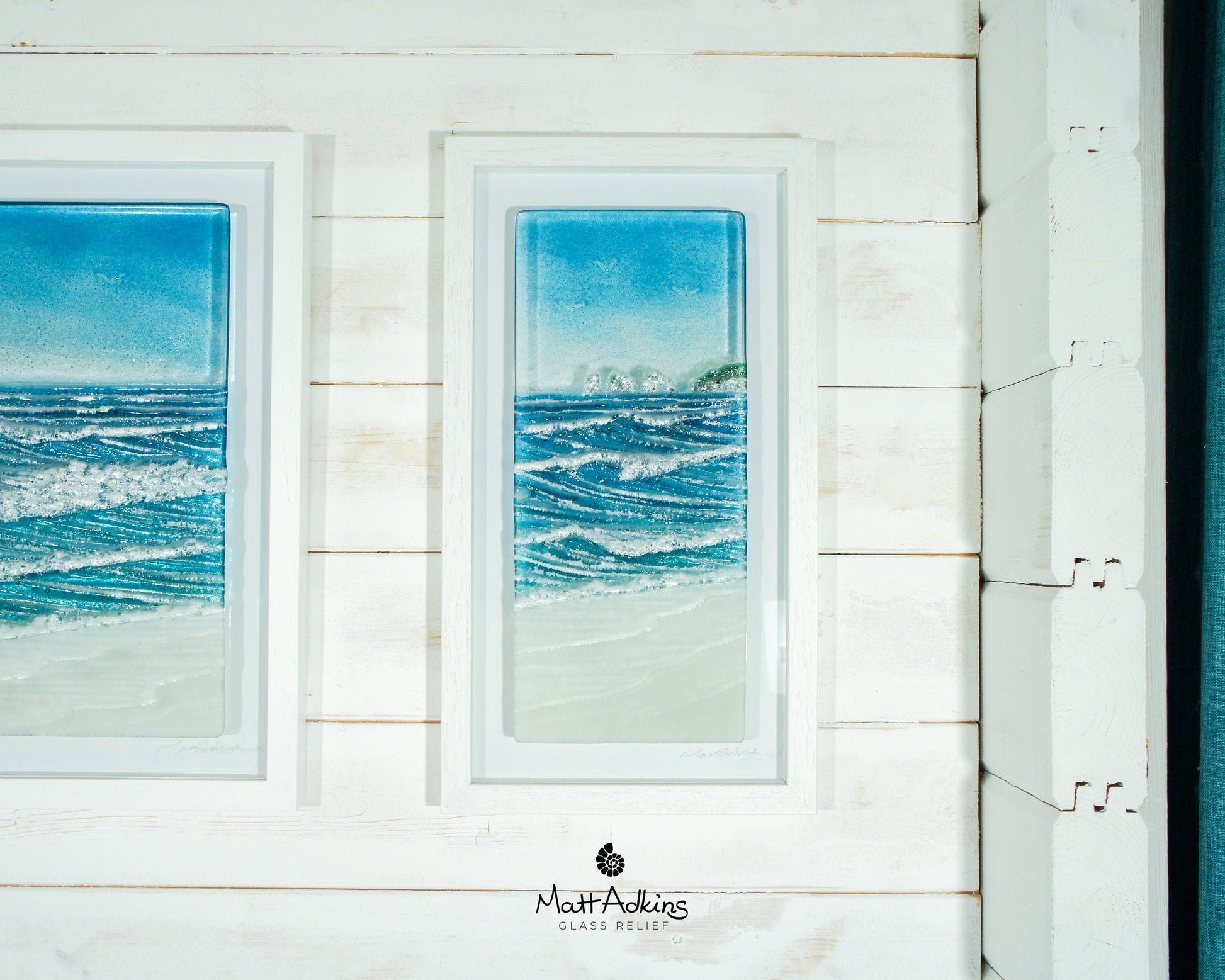 Triptych Wave Frames including 2 at 25cmx45cm(10x17") + 1 at 45x45cm(17x17") | 3 Wave Large Sea Beach Lighthouse Fused Glass Frames