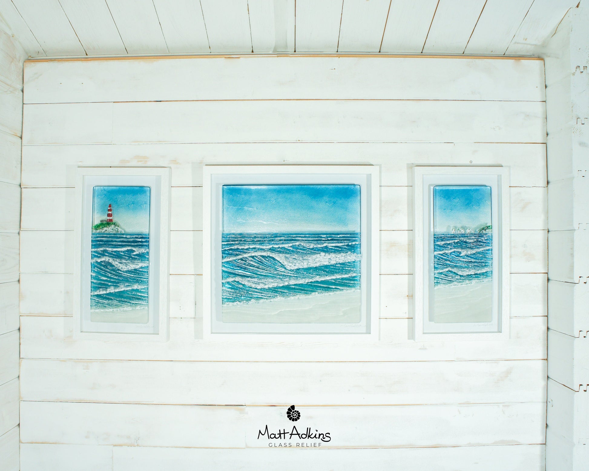 Triptych Wave Frames including 2 at 25cmx45cm(10x17") + 1 at 45x45cm(17x17") | 3 Wave Large Sea Beach Lighthouse Fused Glass Frames