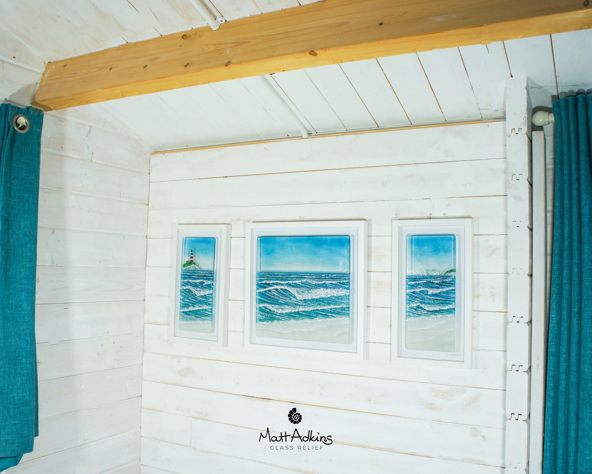 Triptych Wave Frames including 2 at 25cmx45cm(10x17") + 1 at 45x45cm(17x17") | 3 Wave Large Sea Beach Lighthouse Fused Glass Frames