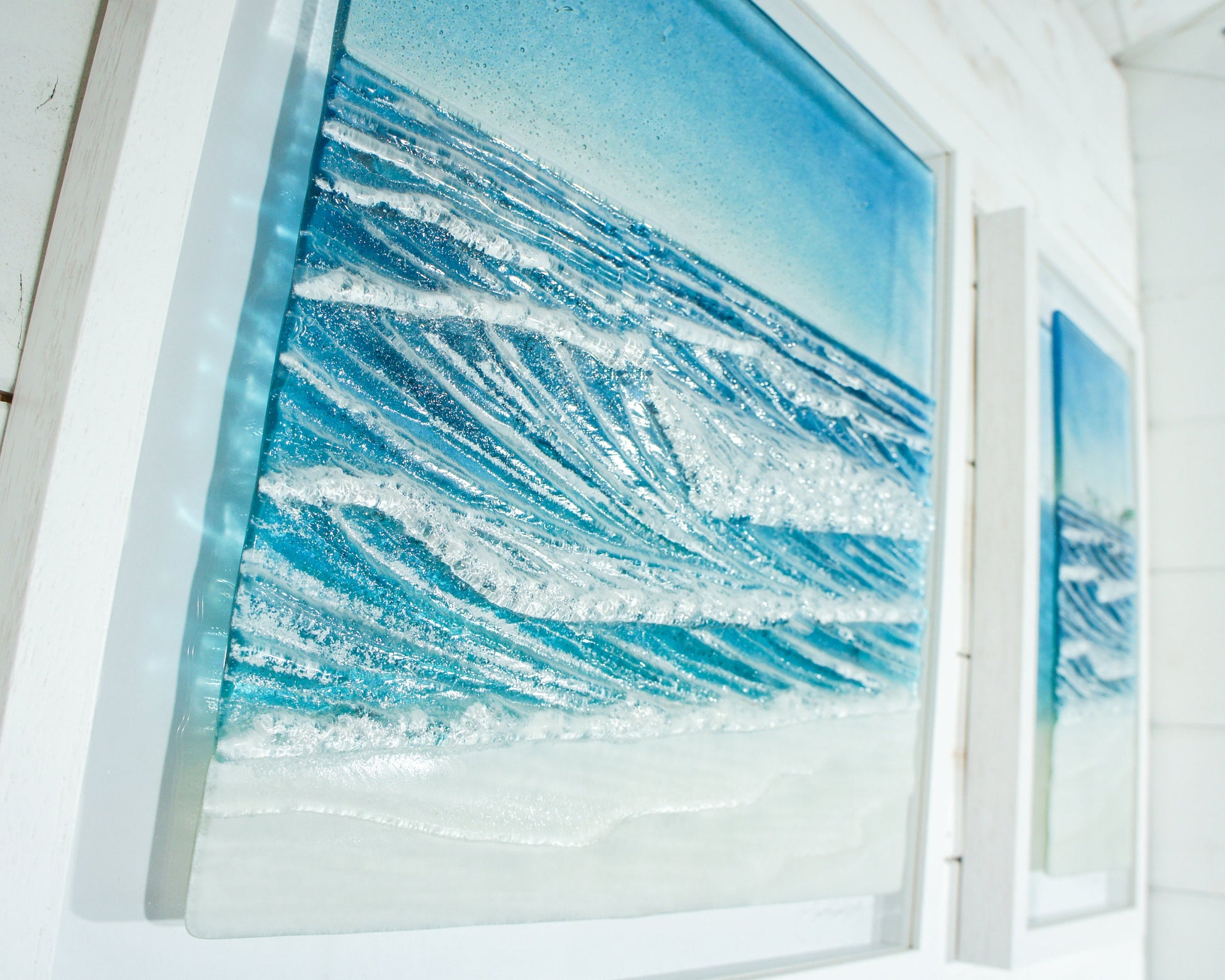 Triptych Wave Frames including 2 at 25cmx45cm(10x17") + 1 at 45x45cm(17x17") | 3 Wave Large Sea Beach Lighthouse Fused Glass Frames