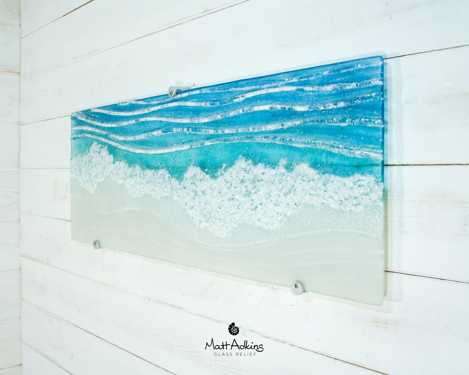Large Panoramic Glass Wave Art 70x26cm(28x10"), fused glass teal coastal panoramic modern wall art, turquoise textured art, beach room decor