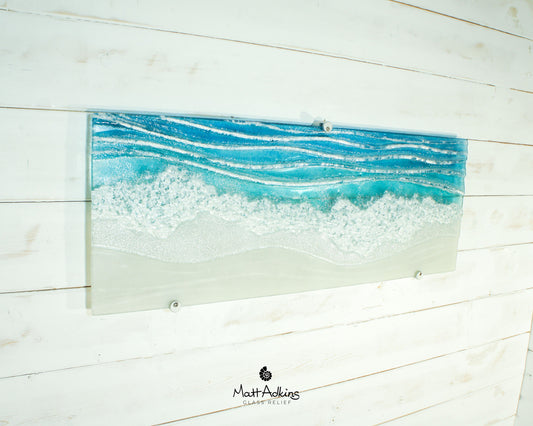 Large Panoramic Glass Wave Art 70x26cm(28x10"), fused glass teal coastal panoramic modern wall art, turquoise textured art, beach room decor