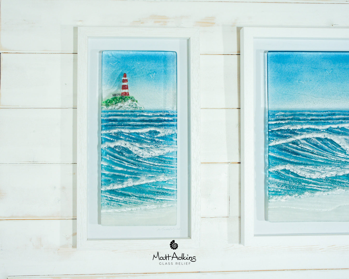 Triptych Wave Frames including 2 at 25cmx45cm(10x17") + 1 at 45x45cm(17x17") | 3 Wave Large Sea Beach Lighthouse Fused Glass Frames