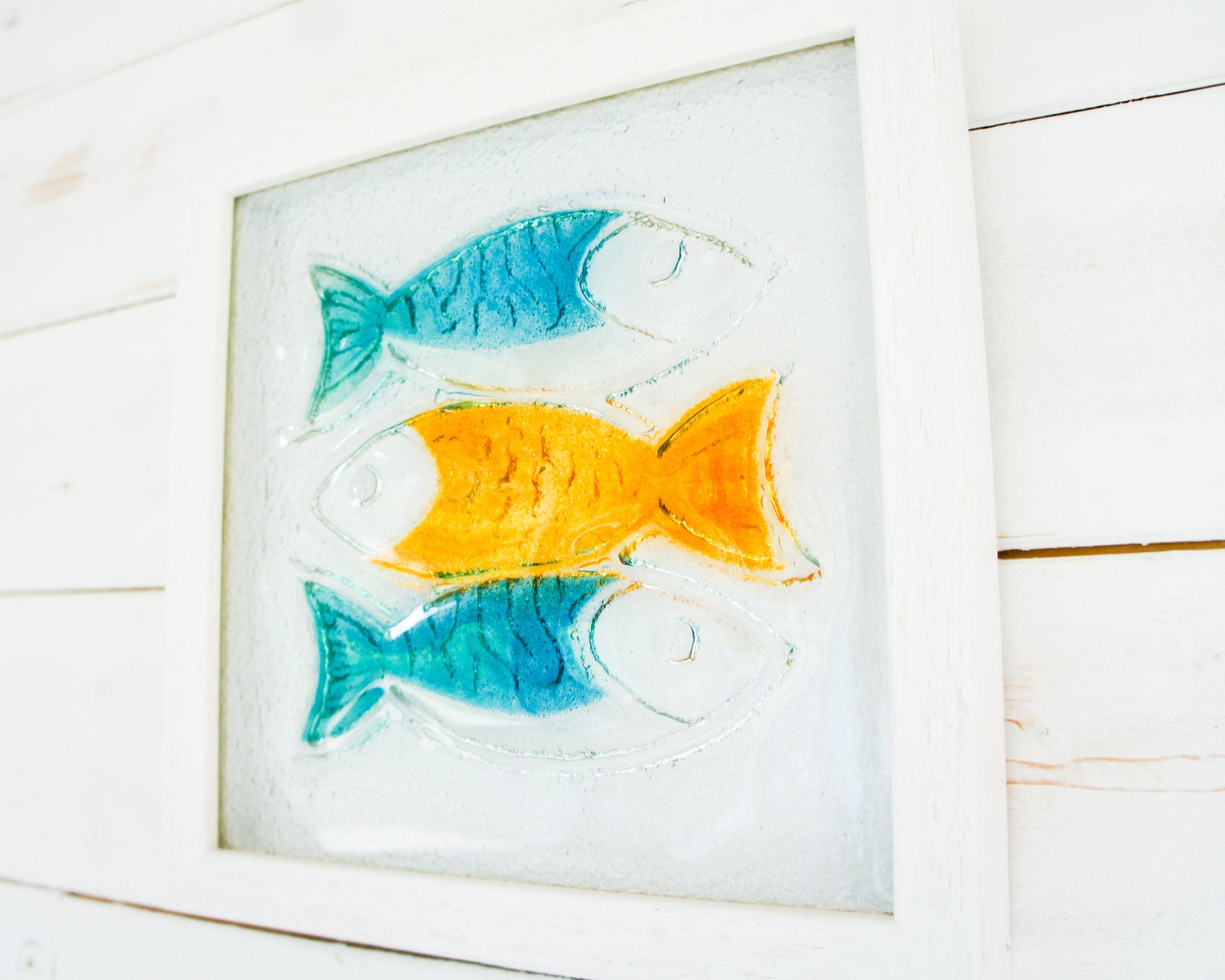 3 Fish Glass Art 25x25cm (10"x10"), Blue Orange Fish Glass Framed Picture, Fish Coastal Wall Art