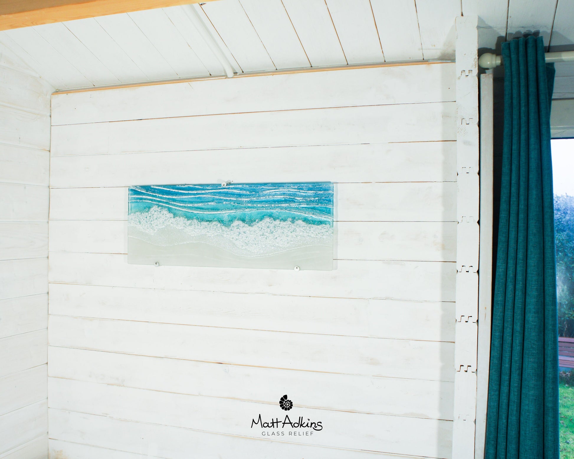 Large Panoramic Glass Wave Art 70x26cm(28x10"), fused glass teal coastal panoramic modern wall art, turquoise textured art, beach room decor