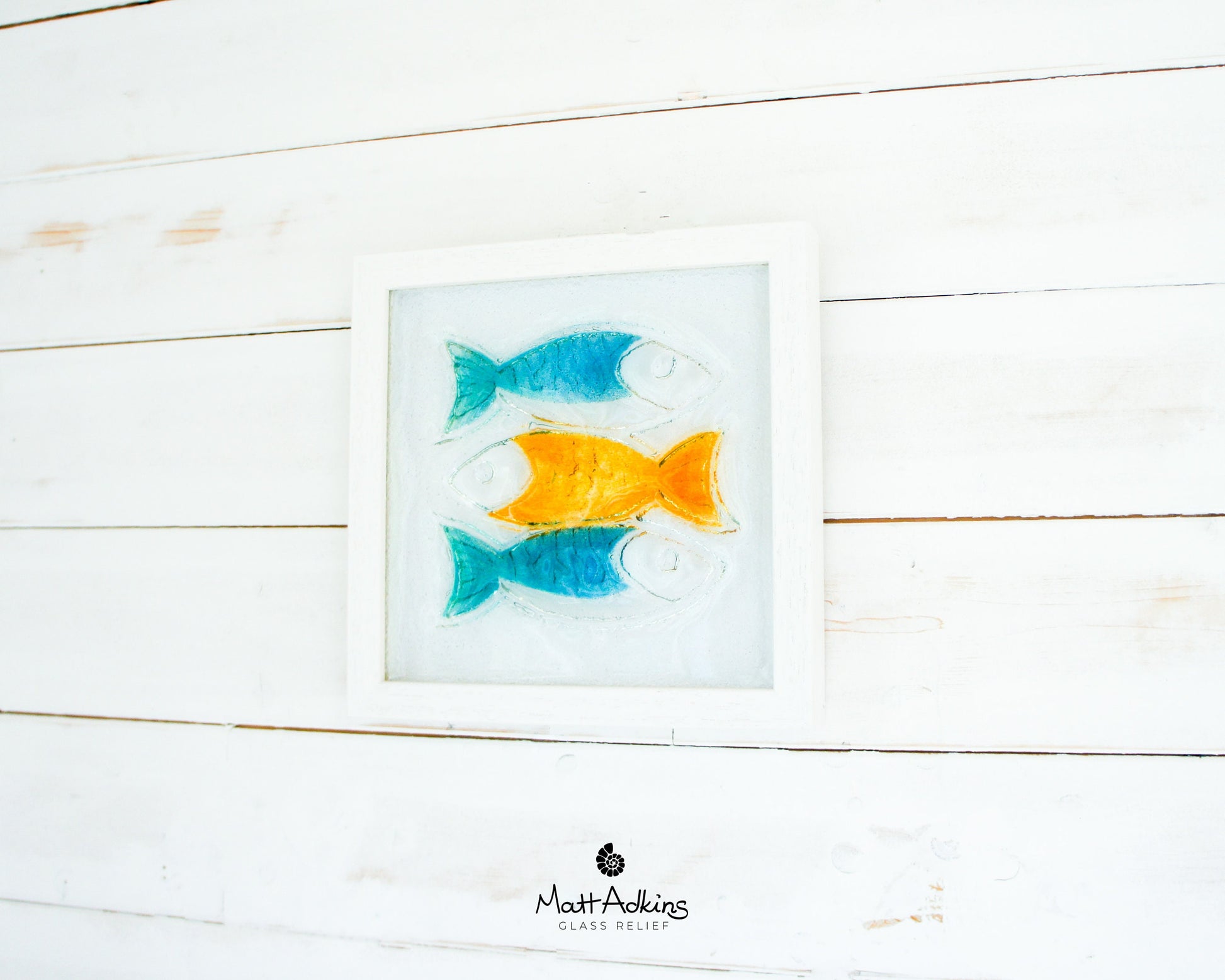 3 Fish Glass Art 25x25cm (10"x10"), Blue Orange Fish Glass Framed Picture, Fish Coastal Wall Art