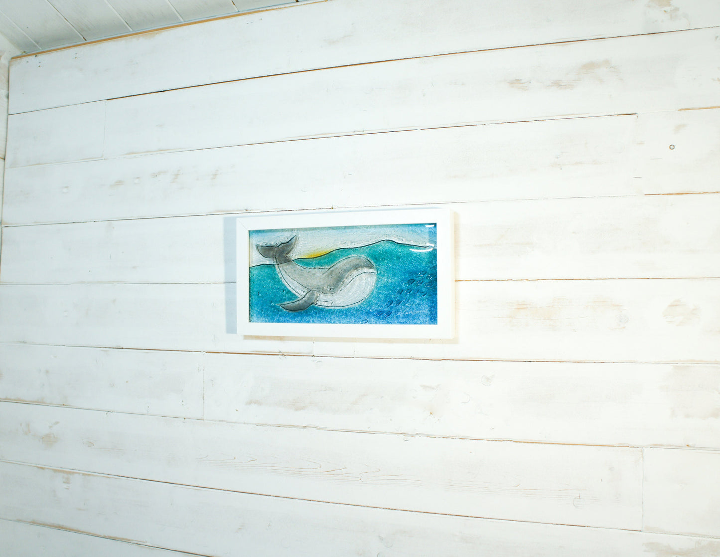 Whale Frame - Whale Wall Art - Glass Whale - Landscape Sea Fused Glass Framed Picture 34x18cm (13 3/8"x7") - Coastal Wall Art
