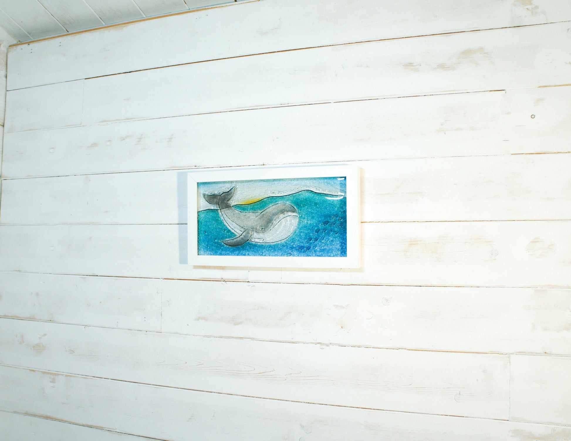Whale Frame - Whale Wall Art - Glass Whale - Landscape Sea Fused Glass Framed Picture 34x18cm (13 3/8"x7") - Coastal Wall Art