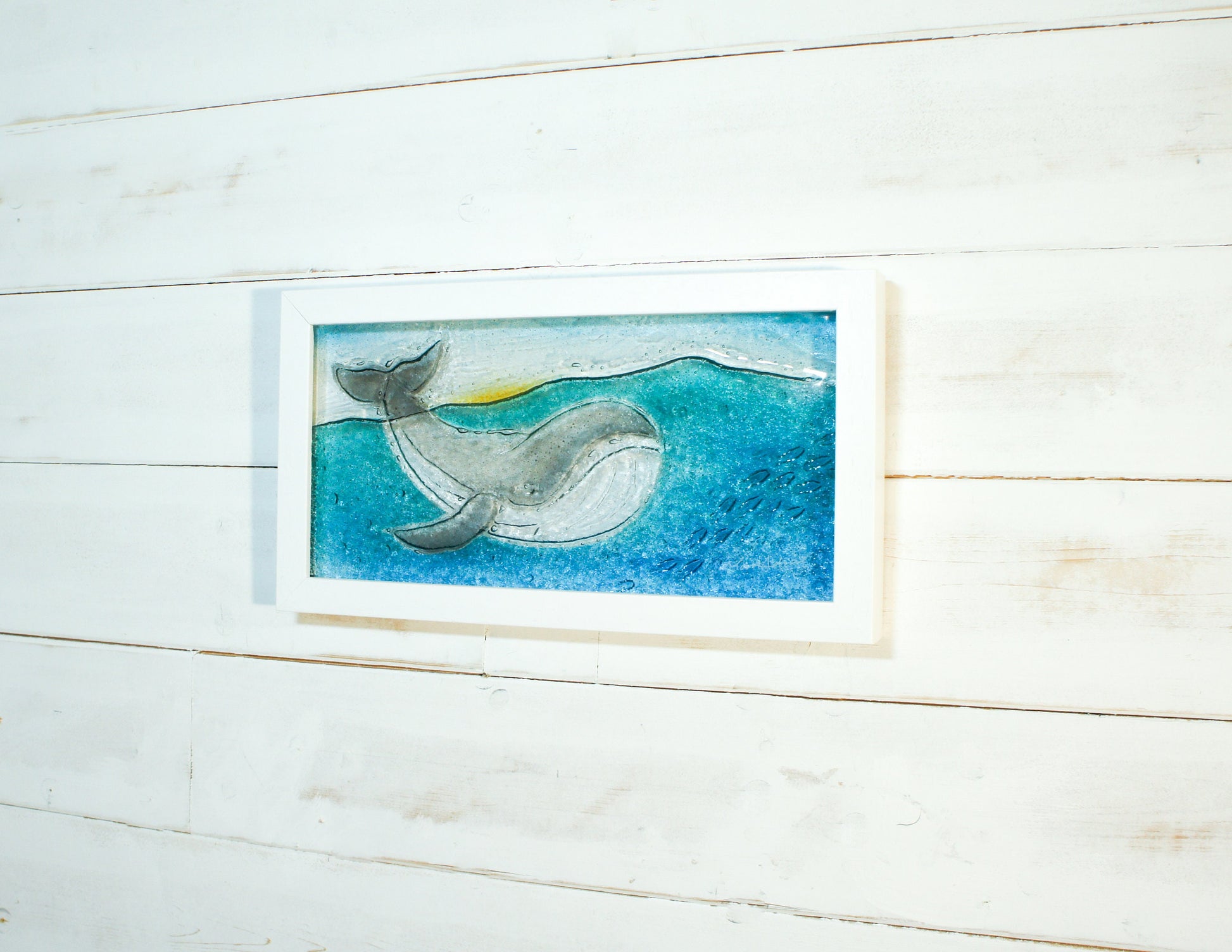 Whale Frame - Whale Wall Art - Glass Whale - Landscape Sea Fused Glass Framed Picture 34x18cm (13 3/8"x7") - Coastal Wall Art