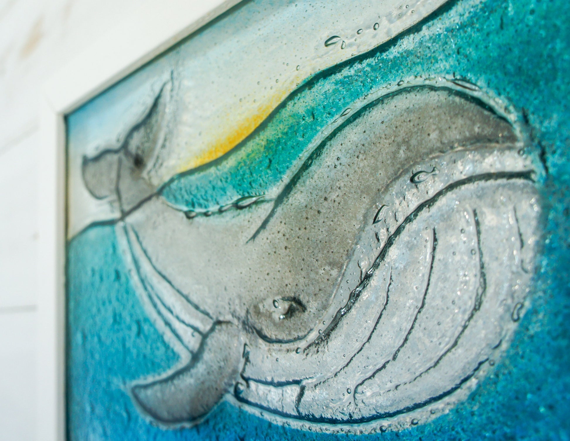 Whale Frame - Whale Wall Art - Glass Whale - Landscape Sea Fused Glass Framed Picture 34x18cm (13 3/8"x7") - Coastal Wall Art