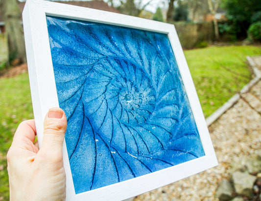 Ammonite Frame 25x25cm (10"x10"), Midnight Blue Ammonite Glass Framed Picture, Fossil Nautilus Seashell Coastal Wall Art, dark blue art