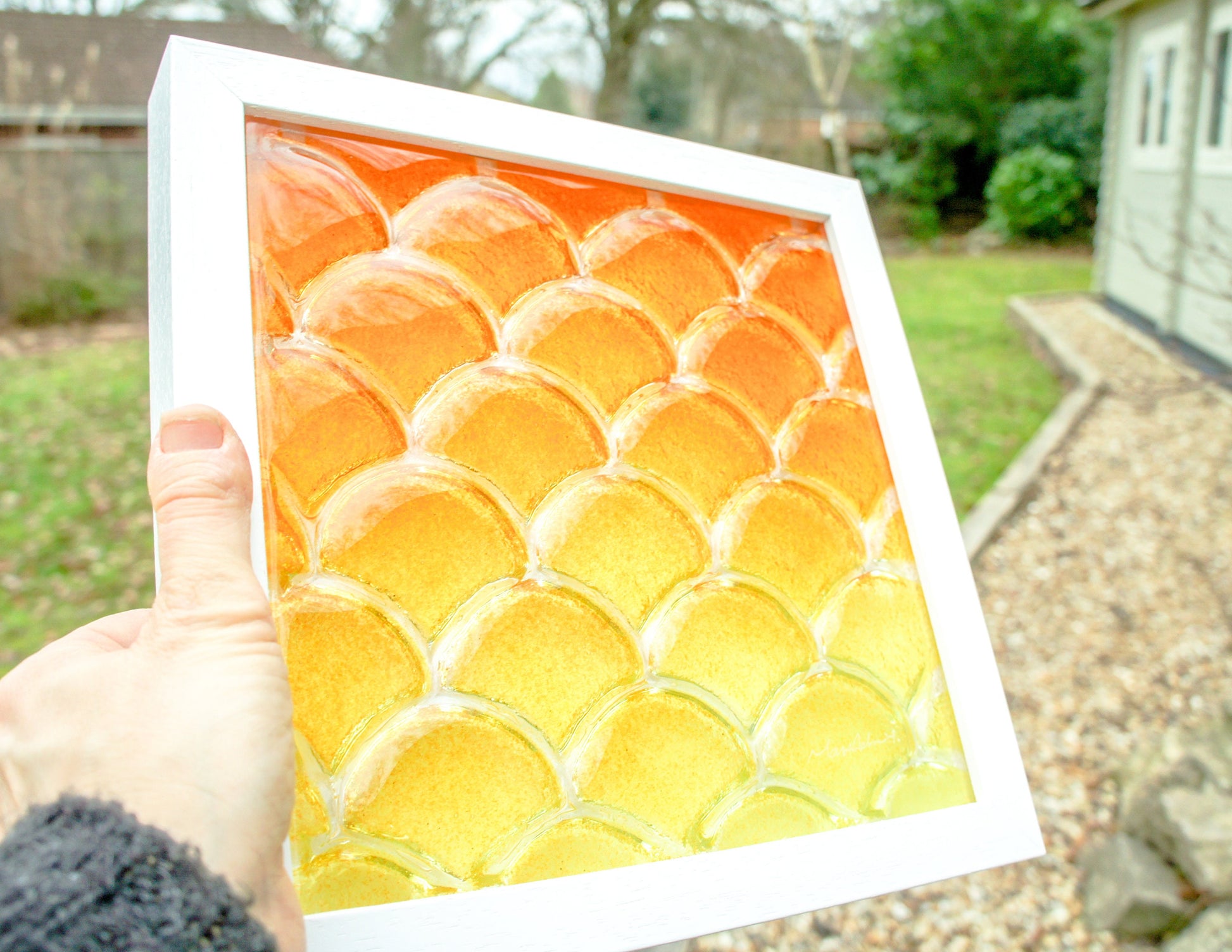 Fish Scale Glass Art Orange & Yellow 25x25cm (10"x10"), Orange Yellow Fish Scale Glass Framed Picture, Fish Scale Frame