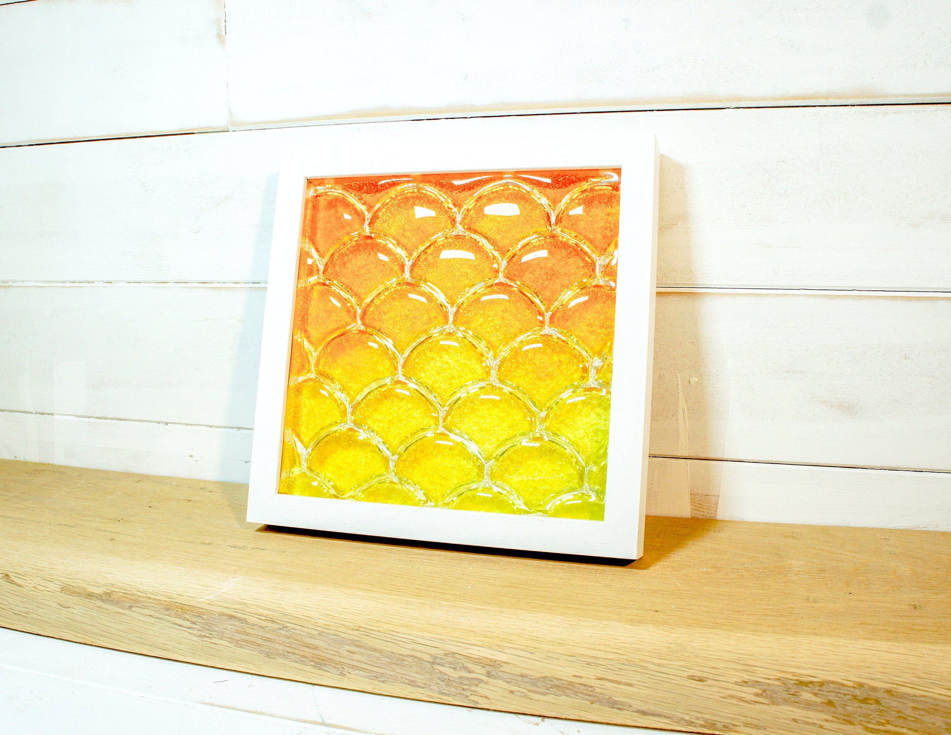 Fish Scale Glass Art Orange & Yellow 25x25cm (10"x10"), Orange Yellow Fish Scale Glass Framed Picture, Fish Scale Frame