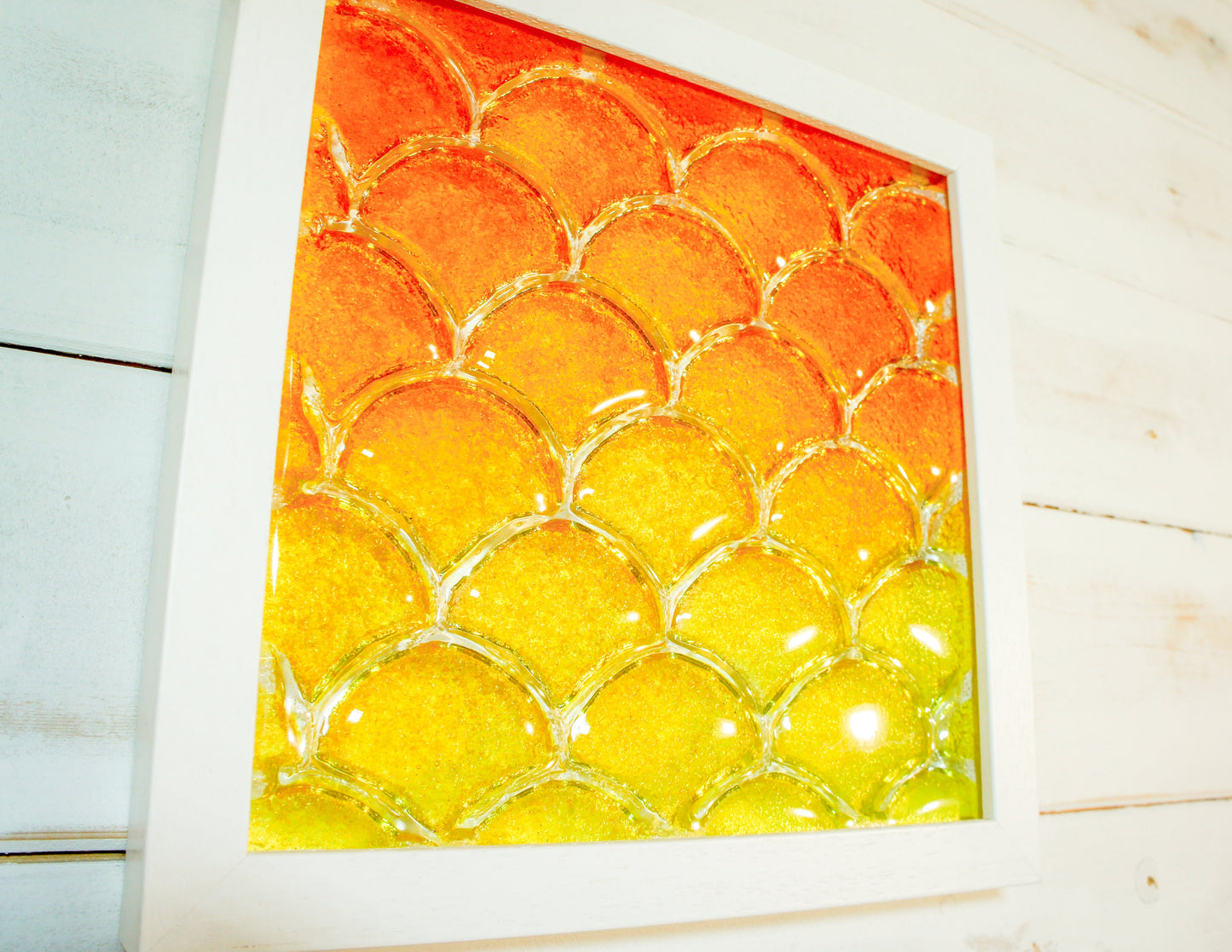 Fish Scale Glass Art Orange & Yellow 25x25cm (10"x10"), Orange Yellow Fish Scale Glass Framed Picture, Fish Scale Frame