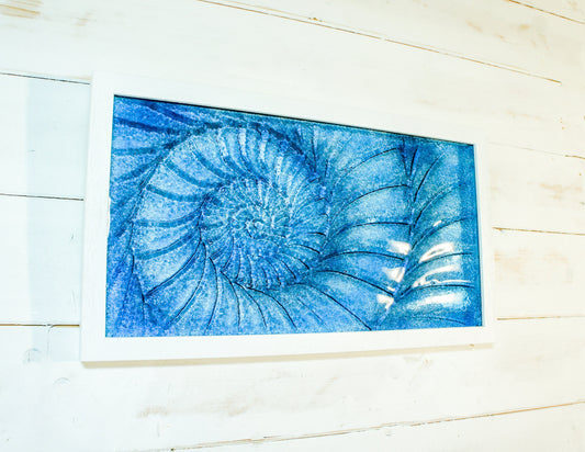 Glass Ammonite Frame 45x25cm (17x10"), Dark Blue Landscape Frame Wall Art, Ammonite Fossil Nautilus, Shell Picture