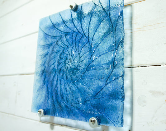 dark blue ammonite, blue wall art, blue sea glass, blue seashell, blue fossil