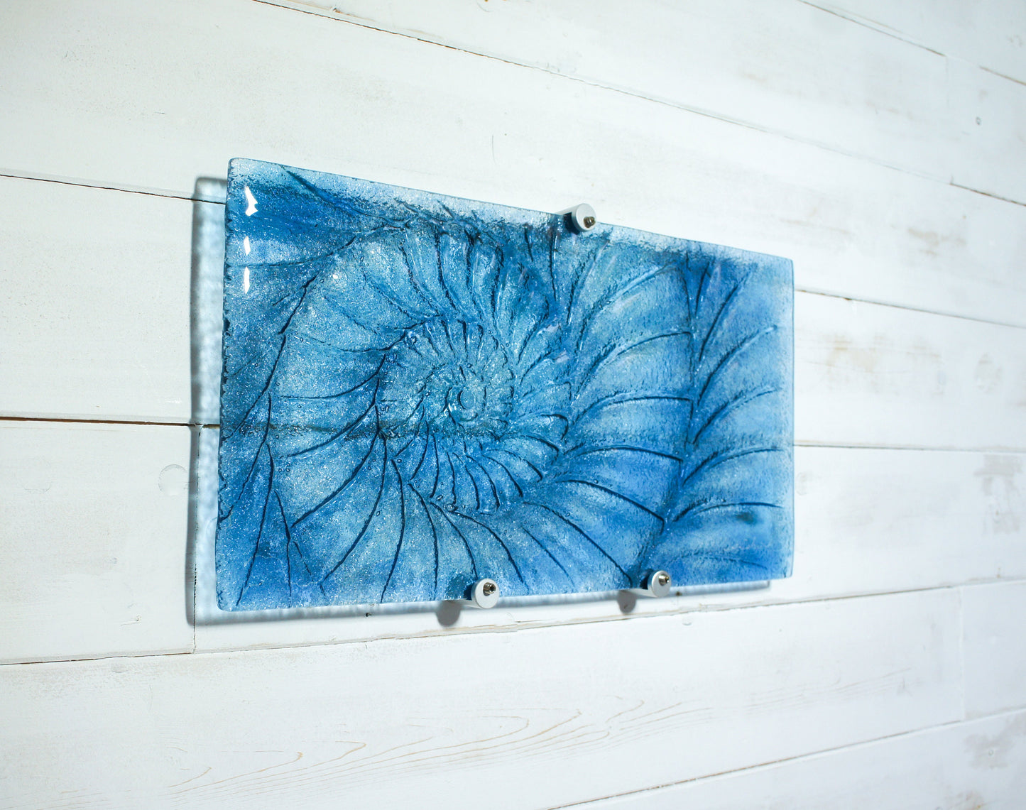 Ammonite Glass Art 42x22cm(16x9"), Dark Blue Landscape Ammonite Fused Glass Wall Art, Fossil Nautilus Seashell Picture Art, Shell Wall Art